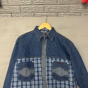 Western Cowboy Mens Blue Denim Plaid Mixed Media Button Up Shirt Large